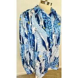 Blue Giraffe Print Satin Bululu Resort Wear Button Up Size XL